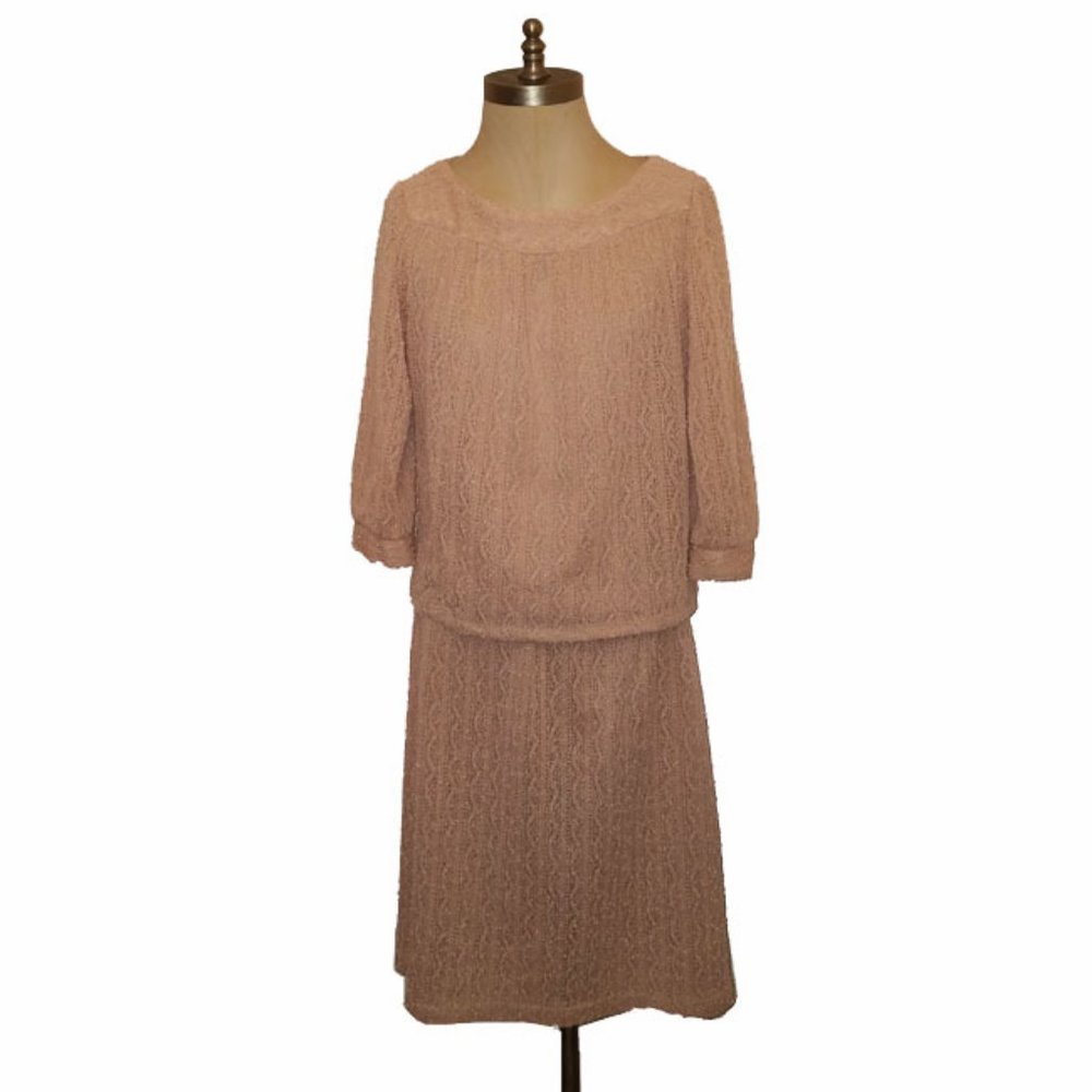 Vtg 70s 2 Piece Textured Crochet Top Skirt Set S
